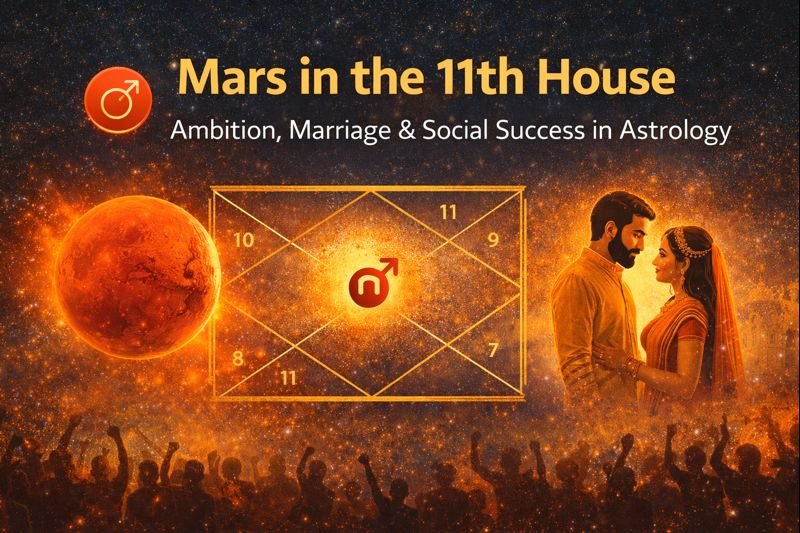 Digital illustration showing Mars in the 11th house of a Vedic astrology birth chart with glowing Mars, astrological chart, traditional Indian couple, and silhouettes of cheering people against a cosmic background, highlighting ambition, marriage, and social success.