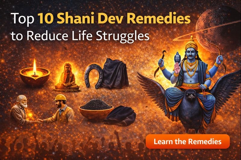 Digital illustration of Shani Dev seated on a crow, surrounded by symbolic Shani remedies including a lit sesame oil lamp, black cloth, horseshoe, black sesame seeds, and acts of charity. The image features a cosmic background with glowing stars and text reading 'Top 10 Shani Dev Remedies to Reduce Life Struggles' with a 'Learn the Remedies' button.