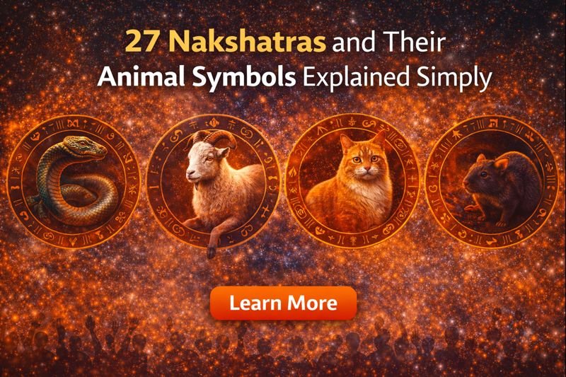 Digital banner featuring the title "27 Nakshatras and Their Animal Symbols Explained Simply" on a cosmic background with zodiac-themed illustrations of a snake, goat, cat, and rat in circular frames, symbolizing different Nakshatras, with a glowing orange "Learn More" button at the bottom.
