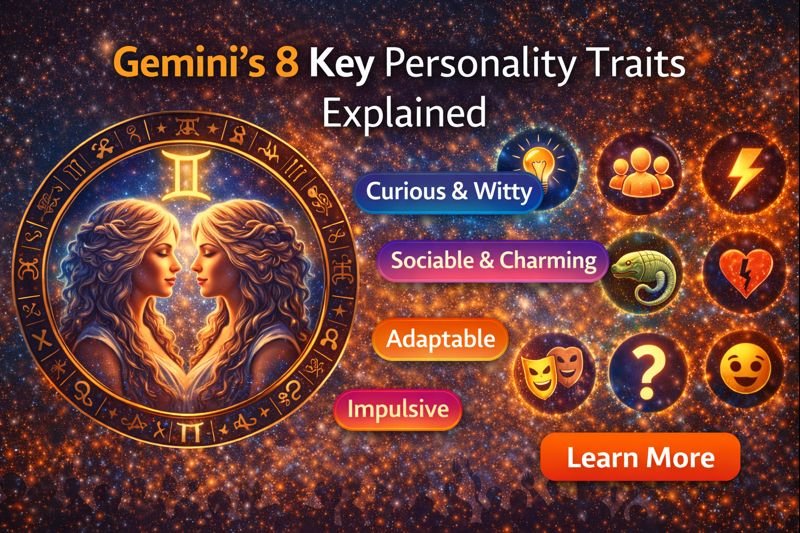 Digital banner illustrating Gemini's 8 key personality traits with twin figures inside a zodiac wheel, cosmic background, and labels like Curious, Adaptable, and Impulsive.