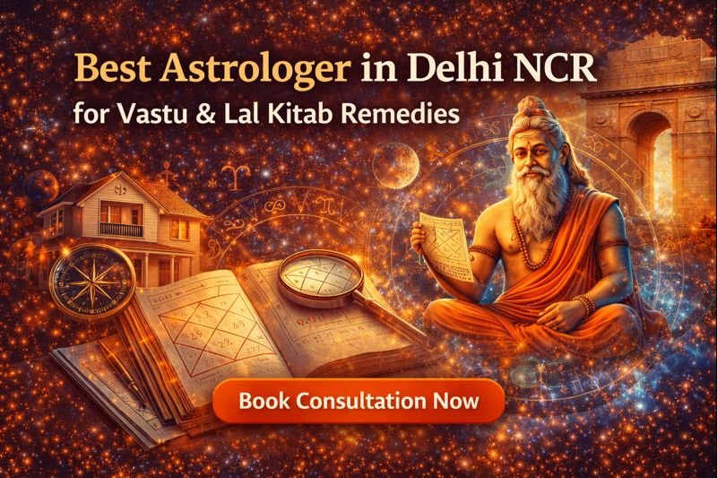 Digital promotional banner highlighting CIL Guru as the best astrologer and Vastu consultant in Delhi NCR, featuring astrological symbols and a radiant cosmic background in gold and navy tones