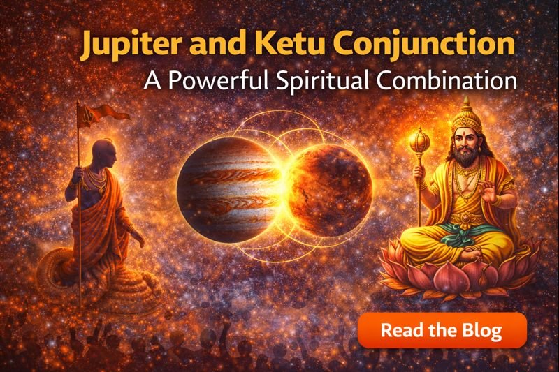 A digital illustration banner for a blog on the Jupiter and Ketu conjunction, featuring Jupiter as a seated deity on a lotus holding a golden staff, Ketu as a serpentine sage with a trident flag, and both planets overlapping in a glowing cosmic background filled with stars and spiritual energy.