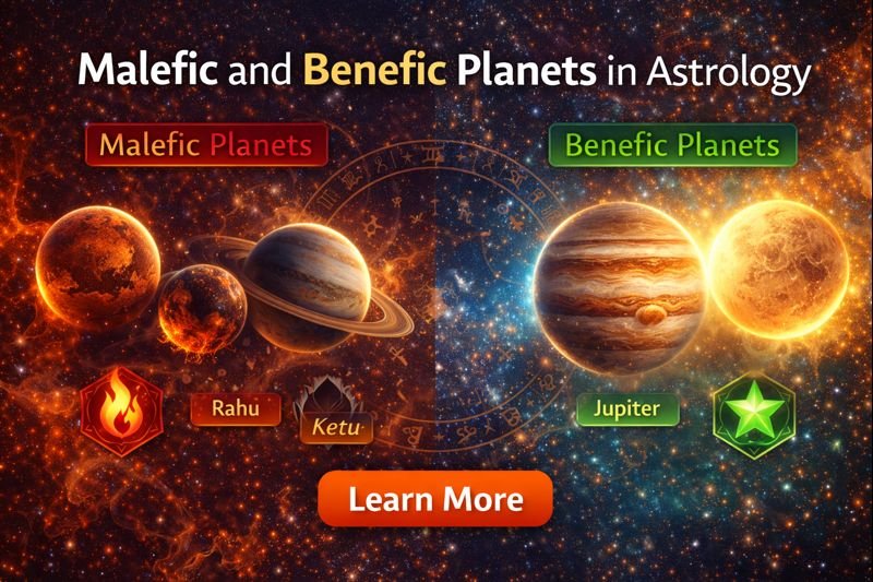 A digital banner illustrating benefic and malefic planets in Vedic astrology, featuring symbolic icons of planetary bodies like Saturn, Mars, Jupiter, and Venus, with a cosmic background in deep blue and red tones representing dual energies.